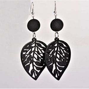 NEW Black or Purple Long wooden Leaf earring Big Laser cut wood leaves